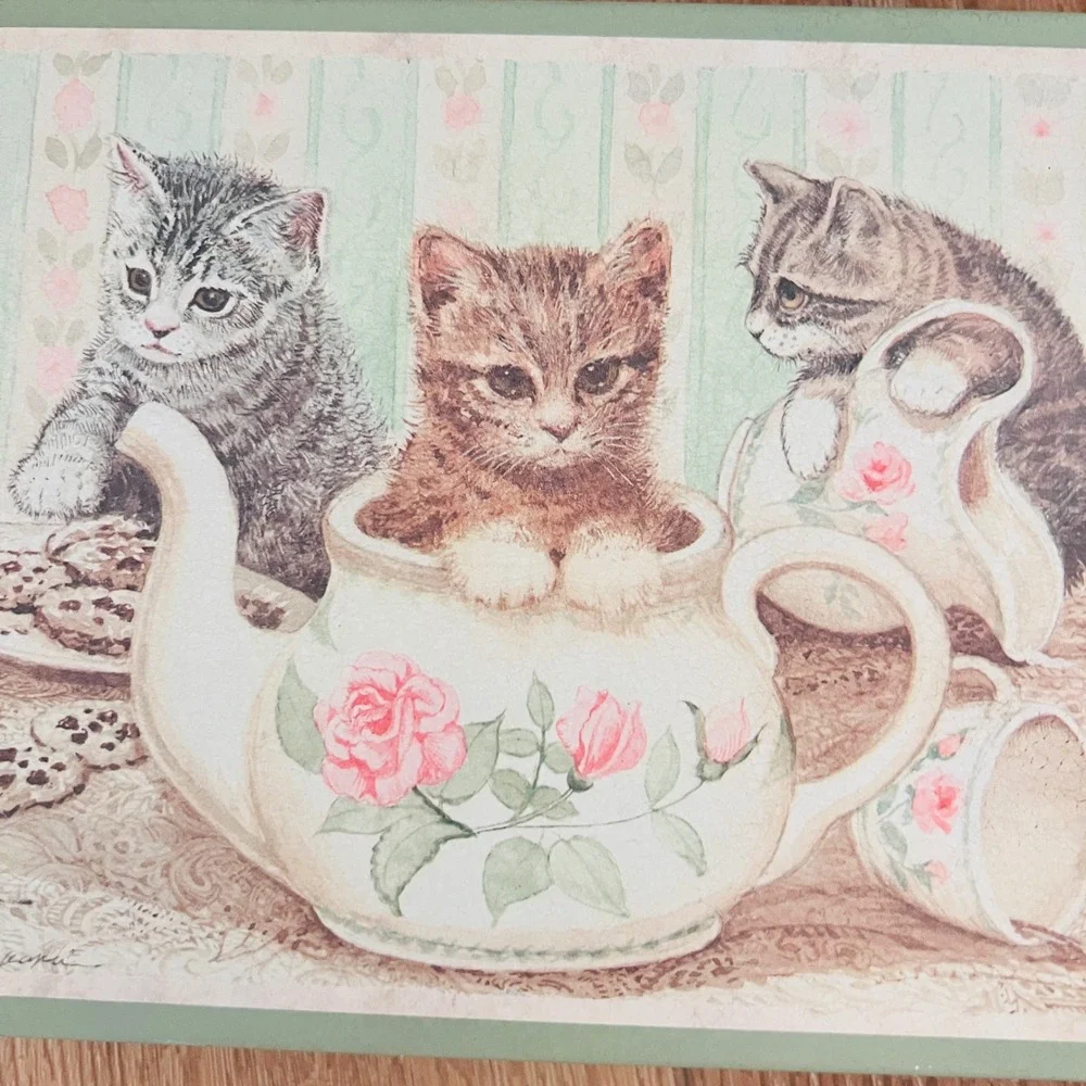 Vtg Keller Charles Philadelphia Kitten Teapot Tin Decorative Metal Box Green